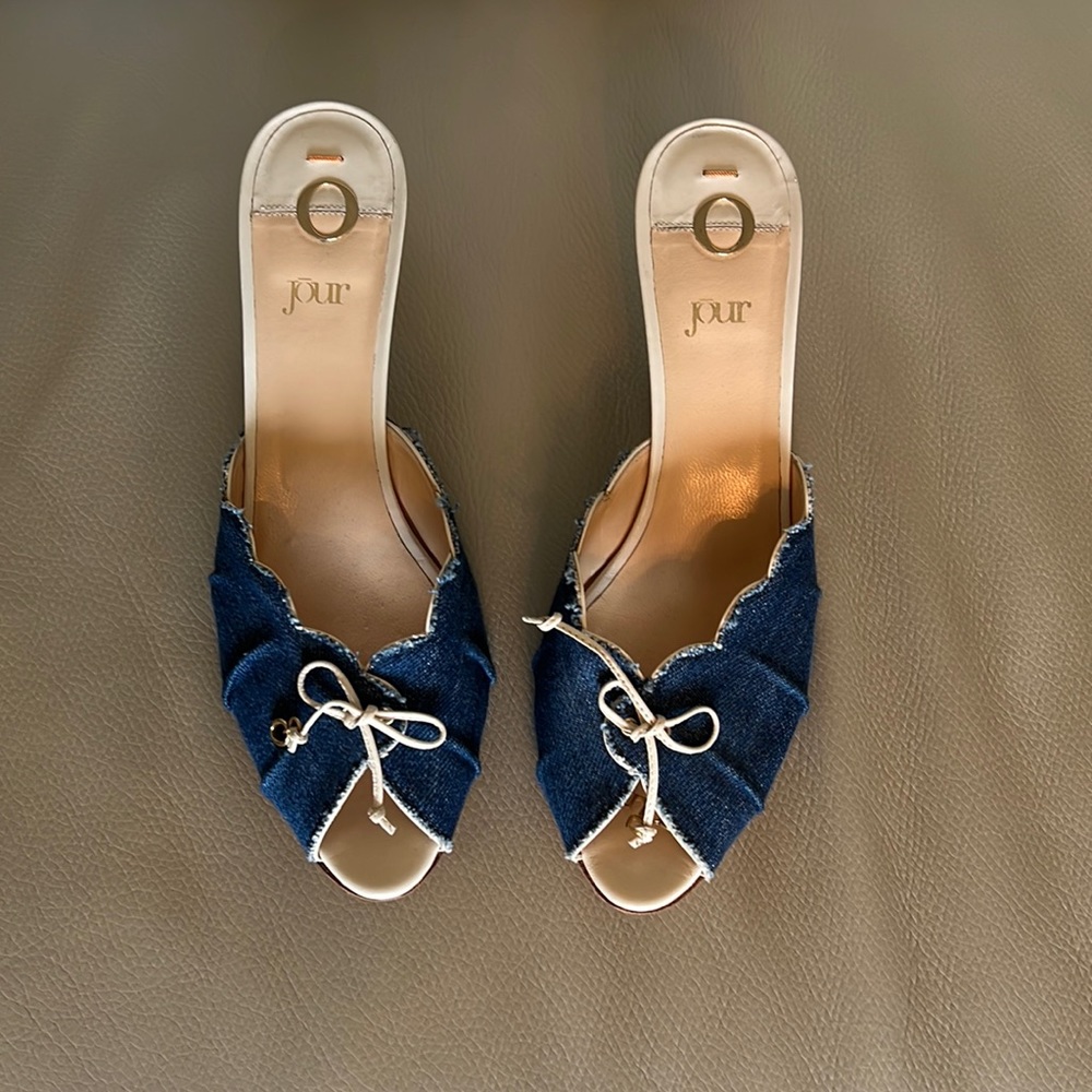 O Jour luxury denim sandals with a 3”wooden heel.